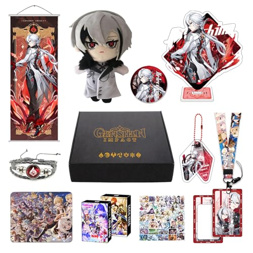 MOTAO Genshin Impact Box Xiao Hu Tao Qiqi Merch Set - Puppe, Poster, Kissenbezug, Standfigur, Armband, Abzeichen, Schlüsselanhänger, Kartenhülle, 30 Lomo Karten, 50 Aufkleber (Arlecchino) von MOTAO