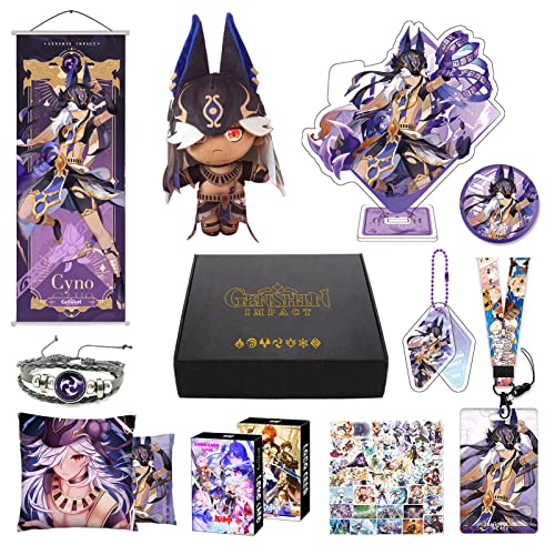 MOTAO Genshin Impact Box Cyno Merch Set - Puppe, Poster, Kissenbezug, Standfigur, Armband, Abzeichen, Schlüsselanhänger, Kartenhülle, 30 Lomo Karten, 50 Aufkleber (Cyno) von MOTAO