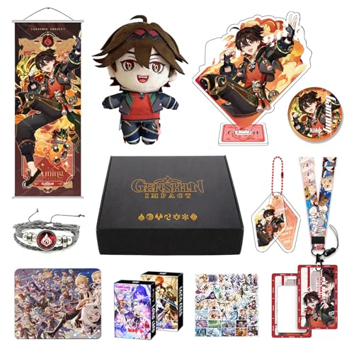 MOTAO Genshin Impact Box Xiao Hu Tao Qiqi Merch Set - Puppe, Poster, Kissenbezug, Standfigur, Armband, Abzeichen, Schlüsselanhänger, Kartenhülle, 30 Lomo Karten, 50 Aufkleber (Gaming) von MOTAO