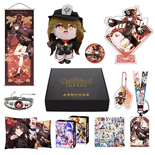 MOTAO Genshin Impact Box Hu Tao Merch Set - Puppe, Poster, Kissenbezug, Standfigur, Armband, Abzeichen, Schlüsselanhänger, Kartenhülle, 30 Lomo Karten, 50 Aufkleber (Hu Tao) von MOTAO