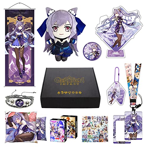 MOTAO Genshin Impact Box Keqing Merch Set - Plüschpuppe, Poster, Kissenbezug, Standfigur, Armband, Abzeichen, Schlüsselanhänger, Kartenhalter, 30 Lomo Karten, 50 Aufkleber (Keqing) von MOTAO