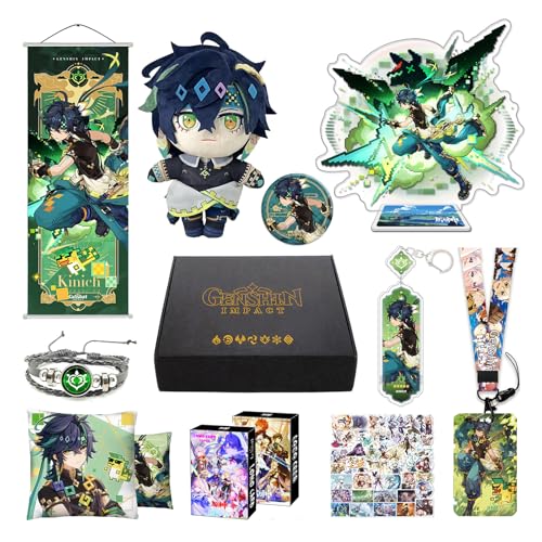 MOTAO Genshin Impact Box Kinich Merch Set - Puppe, Poster, Kissenbezug, Standfigur, Armband, Abzeichen, Schlüsselanhänger, Kartenhülle, 30 Lomo Karten, 50 Aufkleber (Kinich) von MOTAO