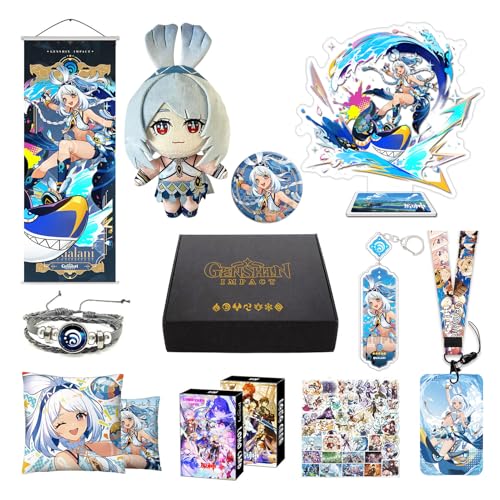 MOTAO Genshin Impact Box Mualani Merch Set - Puppe, Poster, Kissenbezug, Standfigur, Armband, Abzeichen, Schlüsselanhänger, Kartenhülle, 30 Lomo Karten, 50 Aufkleber (Mualani) von MOTAO