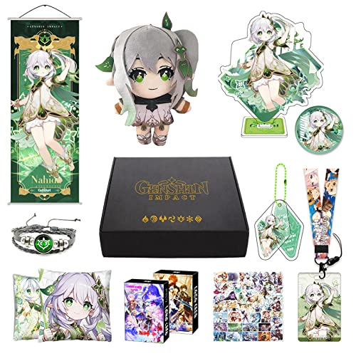 MOTAO Genshin Impact Box Nahida Merch Set - Puppe, Poster, Kissenbezug, Standfigur, Armband, Abzeichen, Schlüsselanhänger, Kartenhülle, 30 Lomo Karten, 50 Aufkleber (Nahida) von MOTAO