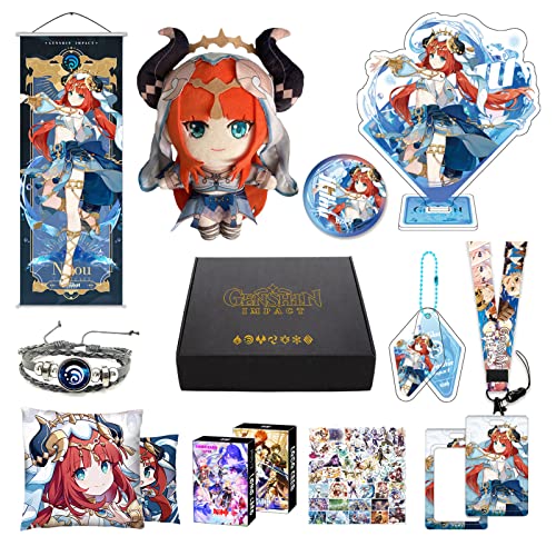 MOTAO Genshin Impact Box Nilou Merch Set - Plüschpuppe, Poster, Kissenbezug, Standfigur, Armband, Abzeichen, Schlüsselanhänger, Kartenhalter, 30 Lomo Karten, 50 Aufkleber (Nilou) von MOTAO