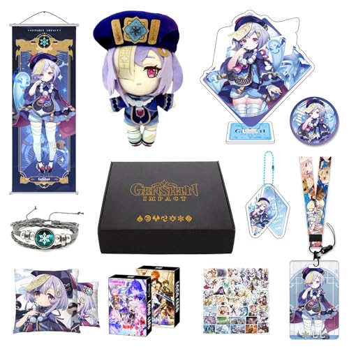 MOTAO Genshin Impact Box Qiqi Merch Set - Puppe, Poster, Kissenbezug, Standfigur, Armband, Abzeichen, Schlüsselanhänger, Kartenhülle, 30 Lomo Karten, 50 Aufkleber (Qiqi) von MOTAO