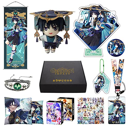 MOTAO Genshin Impact Box Wanderer Merch Set - Puppe, Poster, Kissenbezug, Standfigur, Armband, Abzeichen, Schlüsselanhänger, Kartenhülle, 30 Lomo Karten, 50 Aufkleber (Wanderer) von MOTAO