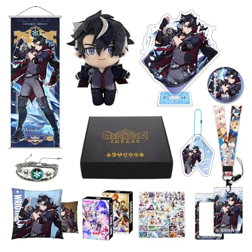 MOTAO Genshin Impact Box Xiao Hu Tao Qiqi Merch Set - Puppe, Poster, Kissenbezug, Standfigur, Armband, Abzeichen, Schlüsselanhänger, Kartenhülle, 30 Lomo Karten, 50 Aufkleber (Wriothesley) von MOTAO