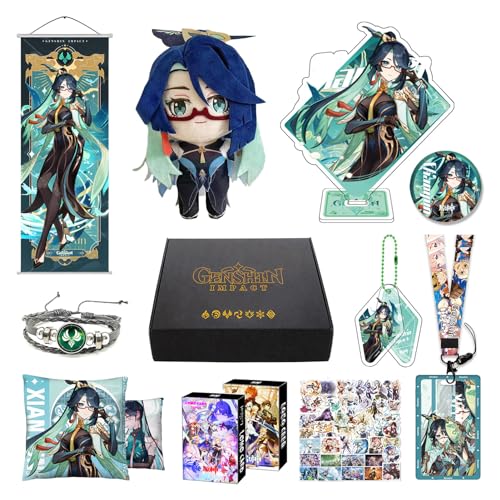 MOTAO Genshin Impact Box Xiao Hu Tao Qiqi Merch Set - Puppe, Poster, Kissenbezug, Standfigur, Armband, Abzeichen, Schlüsselanhänger, Kartenhülle, 30 Lomo Karten, 50 Aufkleber (Xianyun) von MOTAO