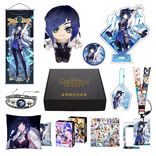 MOTAO Genshin Impact Box Yelan Merch Set - Plüschpuppe, Poster, Kissenbezug, Standfigur, Armband, Abzeichen, Schlüsselanhänger, Kartenhalter, 30 Lomo Karten, 50 Aufkleber (Yelan) von MOTAO