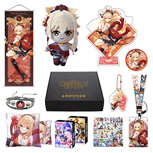 MOTAO Genshin Impact Box Yoimiya Merch Set - Puppe, Poster, Kissenbezug, Standfigur, Armband, Abzeichen, Schlüsselanhänger, Kartenhülle, 30 Lomo Karten, 50 Aufkleber (Yoimiya) von MOTAO