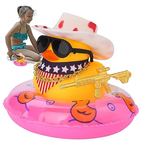 MOTHAF Auto Ente Armaturenbrett Auto Ente Ornament Zubehör Gelbe Gummiente mit Sonnenhut Schwimmen Halskette Sonnenbrille Ornament für Wohnzimmer Pool Party Armaturenbrett von MOTHAF