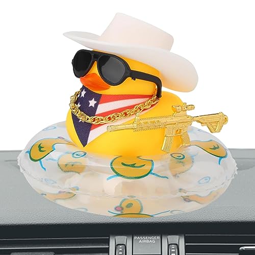 MOTHAF Auto Ente Armaturenbrett Auto Ente Ornament Zubehör Gelbe Gummiente mit Sonnenhut Schwimmen Halskette Sonnenbrille Ornament für Wohnzimmer Pool Party Armaturenbrett von MOTHAF