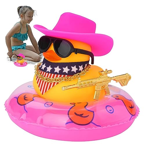 MOTHAF Auto Ente Armaturenbrett Auto Ente Ornament Zubehör Gelbe Gummiente mit Sonnenhut Schwimmen Halskette Sonnenbrille Ornament für Wohnzimmer Pool Party Armaturenbrett von MOTHAF