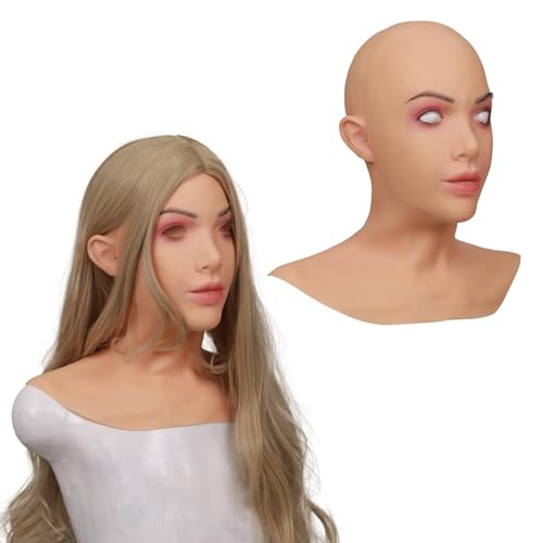 MOTLEYBEAN Silikon maske realistische weibliche Maske Schönheitsgesicht mit Hals für Halloween Crossdresser Cosplay (Beige) von MOTLEYBEAN