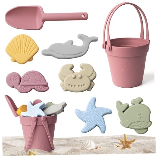 MOUNTTU 11 Stcs/Set Sandspielzeug mit farbenfrohen Silikon-Strandspielzeug mit Maschenbeutel mit Schaufel, Eimer, Sandformen und zufälligen Autos wasserdichtes Sandkastenspielzeug für den Sommer im von MOUNTTU