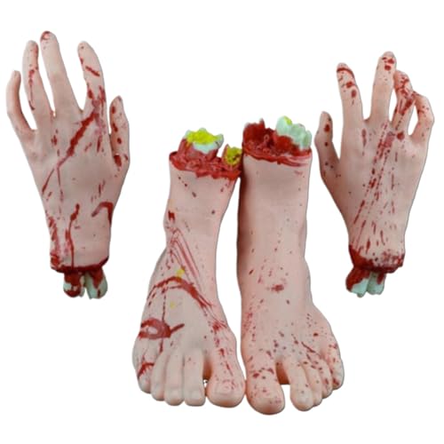 MOUNTTU 4pcs Halloween Hände Set, 1 Paar getrennte gefälschte Hand und 1 Paar falsche Füße, Horror blutige falsche Körperteile, Plastik Halloween -Körperteile für Spukhaus Halloween Dekor von MOUNTTU