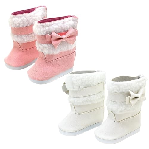 MOUNTTU Babypuppenschuhe, 2 Paare 18 -Zoll -Puppenschuhe, süße Winterstiefel Puppenschuhe mit Kunstfutter und Bogen, PU -Babypuppenzubehör für 18 Zoll Puppen Weihnachts -Outfit von MOUNTTU