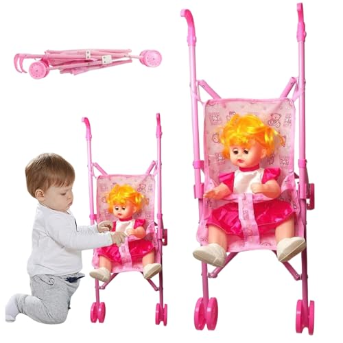 MOUNTTU Babypuppenwagen Set, Faltbarer Puppenwagen mit 13 Zoll Puppe, niedliche Fähigkeit Babypuppe mit großen Augen, Puppenwagen mit T-förmiger Sicherheitsgürtel und Schubgriff für Kleinkinder Girls von MOUNTTU