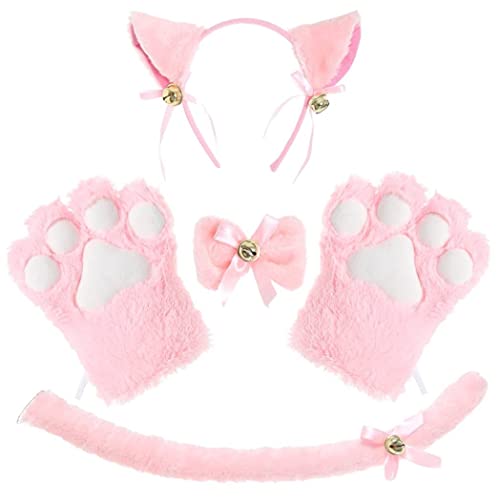 MOUNTTU Cat Cosplay Set Plush Cat Ohrs Pfoten mit Halskette und Schwanz für Halloween -Weihnachtsfeier (Pink) von MOUNTTU