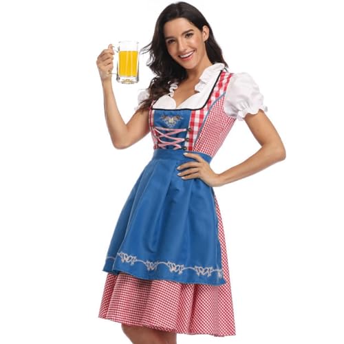 MOUNTTU Dirndl Kleider Frauen Vintage Ruffled Edge V-Ausschnitt Deutsch Outfit Frauen traditionelle Karierte Stoff Klassiker atmungsaktives Bierkostüm für Party l von MOUNTTU