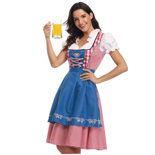 MOUNTTU Dirndl Kleider Frauen Vintage Ruffled Edge V-Ausschnitt Deutsches Outfit Frauen traditionelle Karierte Stoff Klassiker atmungsaktives Bierkostüm für Party m von MOUNTTU