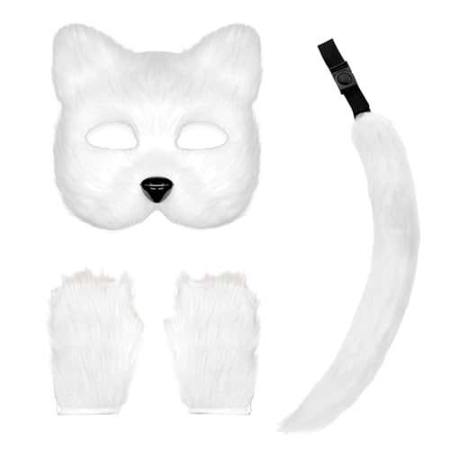 MOUNTTU Fox -Maske und Schwanz mit Fox Paws Realistische personalisierte plüschflauschige Wolf Kostüm für Frauen dekoratives Therian pelziges Kostüm für Cosplay -Party Halloween Masquerade (weiß) von MOUNTTU