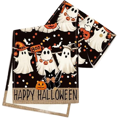 MOUNTTU Halloween Tischläufer 13x72 Halloween Tischdekor mit Ghost Jack-O'-Lantern Black Cat Print, wasserdichte und hitzebeständige Tischläufer für die Küche Esstischdekoration von MOUNTTU