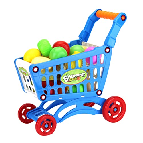 MOUNTTU Mini Trolley Spielzeugset 17pcs Plastik Supermarkt Einkaufswagen Spielzeug mit künstlichem Obstgemüse und Essen tun so, als ob sie Spiele Spielen, Blau Spielen von MOUNTTU