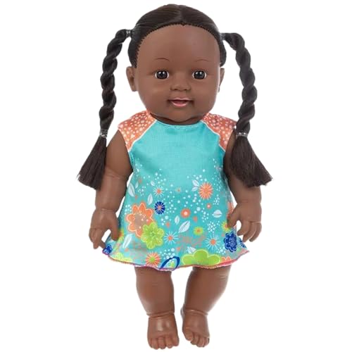 MOUNTTU Schwarze Babypuppen, 12 Zoll amerikanische afrikanische realistische Babypuppe mit Kleid, beweglichem Gelenk und doppeltem Pferdeschwanzzopf, dunkelhäutige Babypuppe als Geschenk für Kinder von MOUNTTU