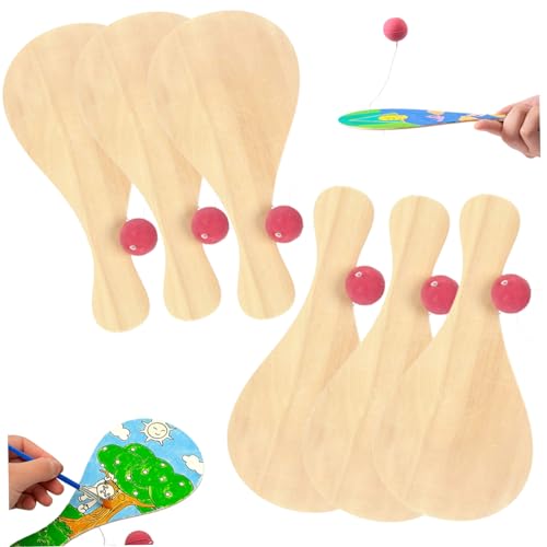 MOUNTTU Set, 6pcs leerer Paddelschläger und Ball auf elastischen DIY bemalten hölzerne Schläger Ball -Spiel -Requisiten für Kinder Party -Taschenspielzeug von MOUNTTU