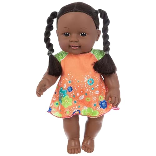 Schwarze Babypuppen, 12 Zoll amerikanische afrikanische realistische Babypuppe mit Kleid, beweglichem Gelenk und doppeltem Pferdeschwanzzopf, dunkelhäutige Babypuppe für Kindergeschenke, Orange von MOUNTTU