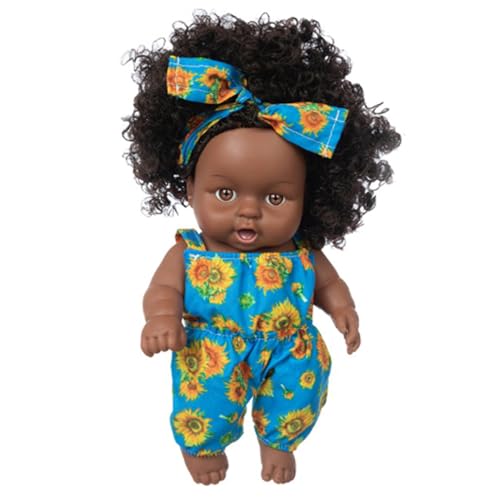 Schwarze Babypuppen, 8 Zoll große amerikanische afrikanische realistische Babypuppe mit Kleidung und Haarband, bewegliche Gelenke, lockiges Haar, waschbar, dunkle Haut, Babypuppe als Geschenk für Kin von MOUNTTU