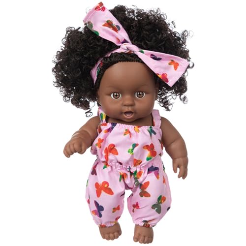 Schwarze Babypuppen, 8 Zoll große amerikanische afrikanische realistische Babypuppe mit Kleidung und Haarband, bewegliche Gelenke, lockiges Haar, waschbar, dunkle Haut, Babypuppe als Geschenk für Kin von MOUNTTU