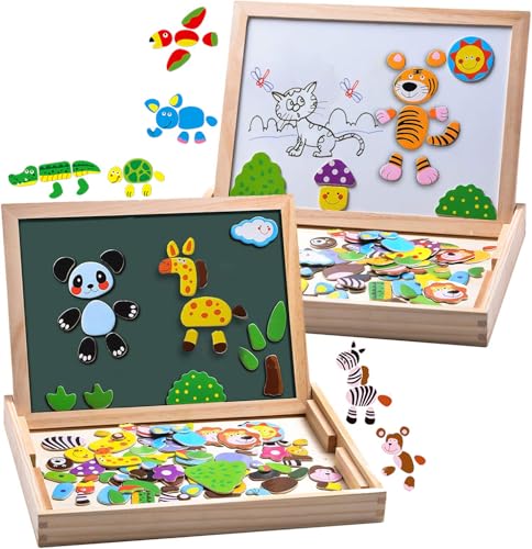 MOVEONSTEP Magnetische Holzpuzzles, Puzzle Magnetisch Pädagogisches Holzspielzeug 100 STÜCKE Doppelseitiges Magnetisches Reißbrett mit 3 Farbe Mark Stifte für Kinder Alter 3 +(Panda) von MOVEONSTEP