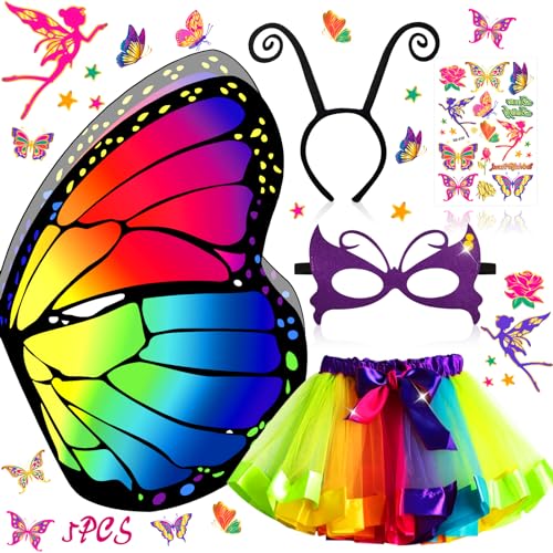 MOYKSRR 5 Stück Kostüm Schmetterling Kinder, Schmetterling Umhang Kostüm mit Bunte Flügel, Maske, Tüllrock, Haarreif und Tattoos, Mädchen Schmetterlingsflügel für Cosplay,Karneval,Fasching,Mottoparty von MOYKSRR