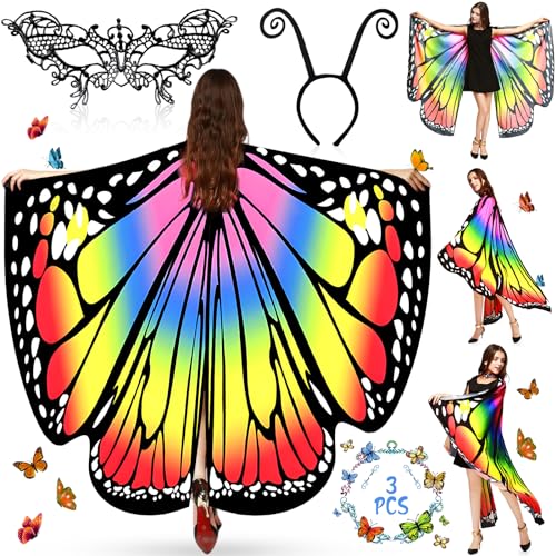 MOYKSRR Schmetterling Kostüm Damen 3er Set, Schmetterling Umhang Damen, Bunter Schmetterling Umhang Mit Schleier und Tentakel, Erwachsene Fee Kostüm für Halloween Fasching Party Cosplay von MOYKSRR