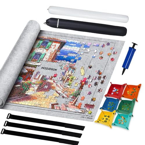 MOZOOSON Puzzlematte für Puzzles 3000 Teile, Puzzle Roll Storage Mat für 1000 2000 3000 Puzzle, Riesenfilzmatte zur Aufbewahrung von Puzzles, Tragbare Puzzle Rollenmatte mit Puzzle-Sortierschale von MOZOOSON