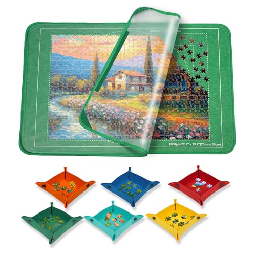 Puzzlematte für 1000 Teile Lagerung, Jigsaw Puzzle Board, Puzzle Storage Board 32 x 22inches, Jigsaw Puzzle Zubehör für Verschieben und Speichern (6 Puzzle Sorting Trays & 1 Clear Cover) von MOZOOSON