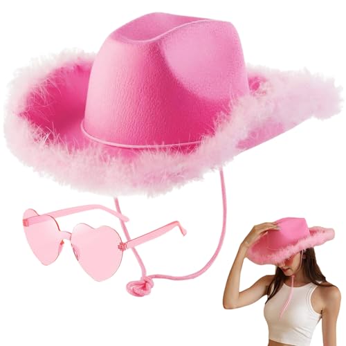 MPQDFG Cowboy Hut 2PCS Cowgirl Set mit Herzbrille Kostüm Partybrille Cosplay Party Halloween Karneval Kostüm Zubehör für Erwachsene Partyhut und Play Dress-Up von MPQDFG