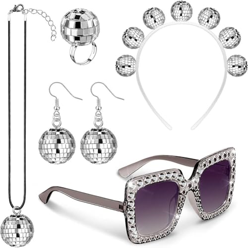 MPQDFG Disco Accessoires 70er Jahre Kostüm,Glitzer Disco Haarband, Disco Brille Sonnenbrille,Discokugel Ohrringe,Ring,Halskette,70er 80er Jahre Outfit Damen für Fasching Karneval Kostüm von MPQDFG