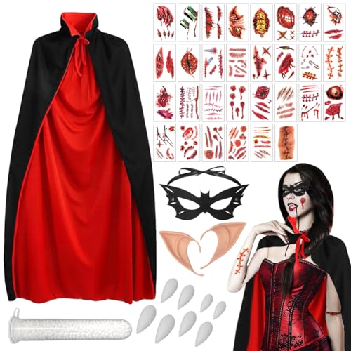 MPQDFG Vampir Kostüm Kinder Vampir Umhang Und Halsband 90 Cm, Halloween Vampir Kostümmantel Schwarz Und Rot Doppelseitig, 1 Filzmaske, 4 Vampirzähne, 2 Elfenohren, 30 Temporäre Tattoos von MPQDFG