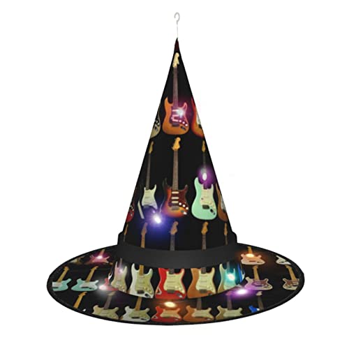 MQGMZ Mqgmzart Gitarrenmuster-Druck, Halloween-LED-Hexenhut, Halloween-Hexenkostüm, Zubehör für Cosplay-Gefälligkeiten von MQGMZ