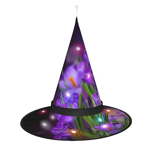 MQGMZ Mqgmzgreen Blätter und lila Blumen Druck Neuheit Halloween Led Hexenhut Halloween Hexenkostüm Zubehör für Cosplay Gefälligkeiten von MQGMZ