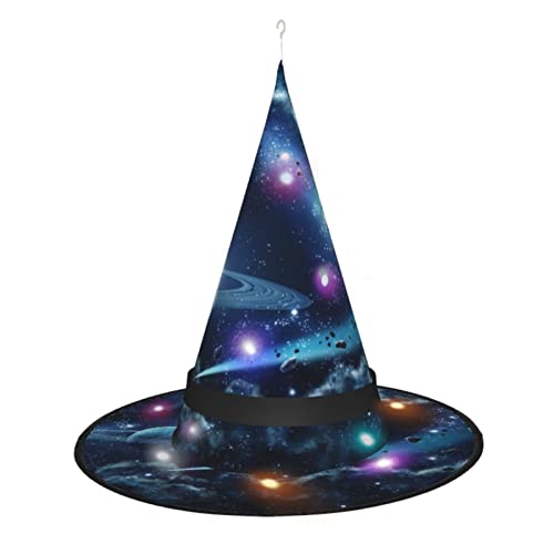 MQGMZ Mqgmzmoon Sternen- und Planeten-Druck, Halloween-LED-Hexenhut, Halloween-Hexenkostüm, Zubehör für Cosplay-Gefälligkeiten von MQGMZ