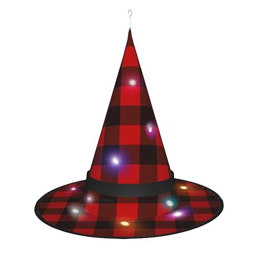 MQGMZ Mqgmzplaid roter und schwarzer Druck, Halloween-LED-Hexenhut, Halloween-Hexenkostüm, Zubehör für Cosplay-Geschenke von MQGMZ