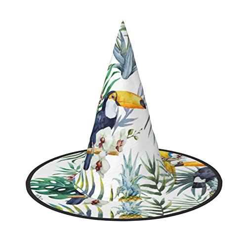 MQGMZ Mqgmztropical Leaves Bird Print Enchantingly Halloween Witch Hat Cute Foldable Pointed Novelty Witch Hat Kids Adults von MQGMZ