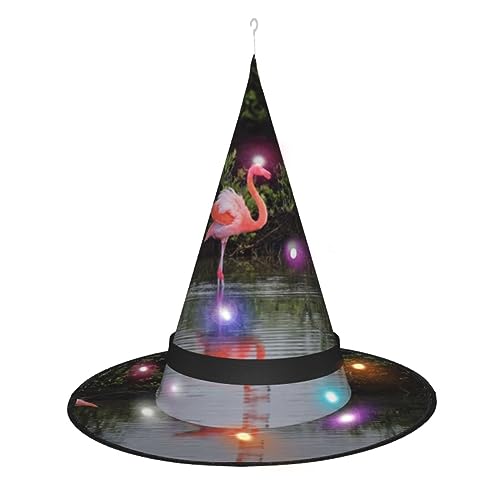 MQGMZ Mqgmztwo Hexenhut mit Flamingo-Druck, Halloween-LED-Hexenhut, Halloween-Hexenkostüm, Zubehör für Cosplay-Gefälligkeiten von MQGMZ