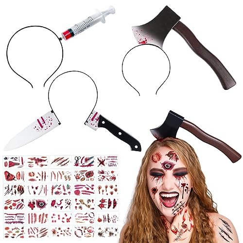 3 Stück Halloween Haarreif Horror, Halloween Messer Im Kopf, Halloween Kopfschmuck Horror, Halloween Axt Im Kopf, Halloween Messer Mit Blut, Halloween Kopfbedeckung, Halloween Haarreif Messer von MQIAN