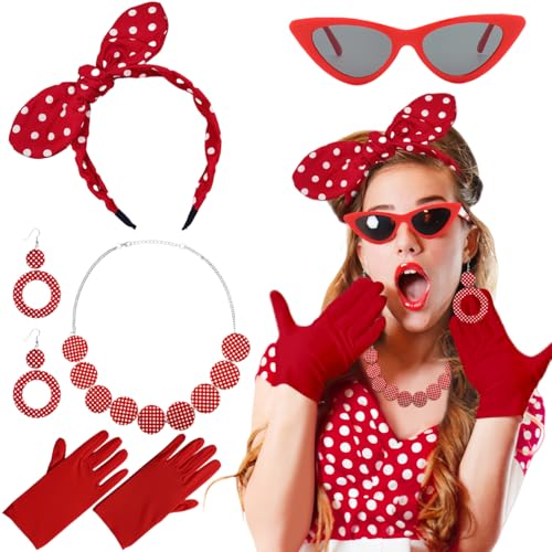 5TLG Rockabilly Accessoires Damen, Rockabilly Kostüm Damen, 50er Jahre Accessoires Damen, 60er Jahre Outfit Damen, Rockabilly Haarschmuck, Rockabilly Kleider Damen für Karneval Retro Party (Rot) von MQIAN